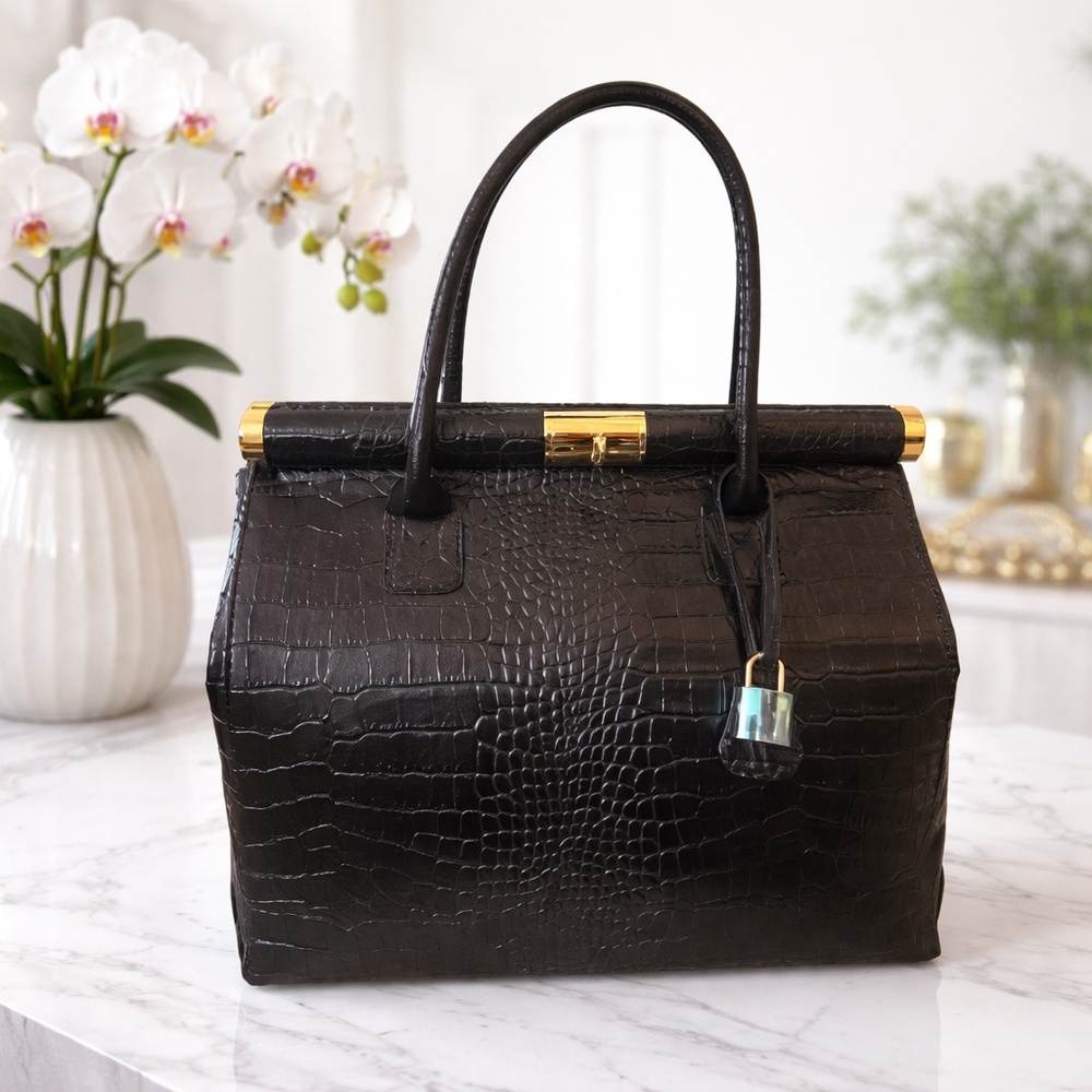 Persaman Anais Black Embossed Crocodile Satchel & Shoulder Bag New In Packaging